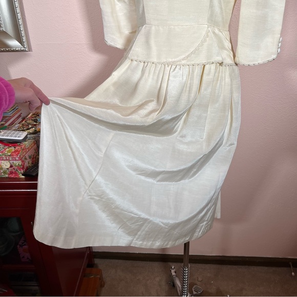 Vintage 80 90 Lanz Cream White Satin Puff sleeve Peplum Victorian Dress wedding - Picture 14 of 17